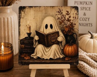 Reading Ghost Sign, 4x4 Mini Wood Halloween Decor with Easel
