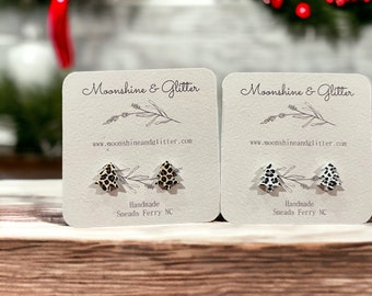 Christmas tree acrylic Earrings leopard or snow leopard design Hypoallergenic, Lightweight