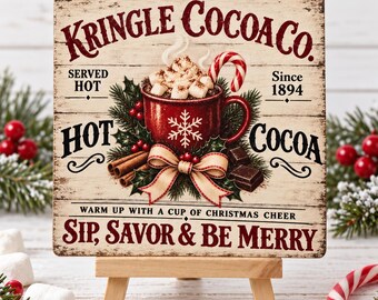 Hot Cocoa Christmas Wood Sign, Holiday Shelf Sitter with Easel, Christmas Kitchen Decor, Tiered Tray Cocoa Bar Sign