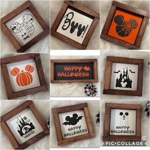 5x5&quot; Halloween Disney Wood Signs | Layered 3D Spooky Decor | Tabletop Shelf Sitters | Mini Wooden Sign Set | Witchy Halloween