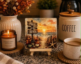 Fall at the Beach Sign with Easel, 4x4 Mini Wood Sign, Coastal Autumn Decor