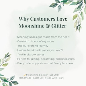 Text on a light green background with watercolor leaf accents reads "Why Customers Love Moonshine & Glitter" listing reasons like meaningful designs and unique handmade pieces.