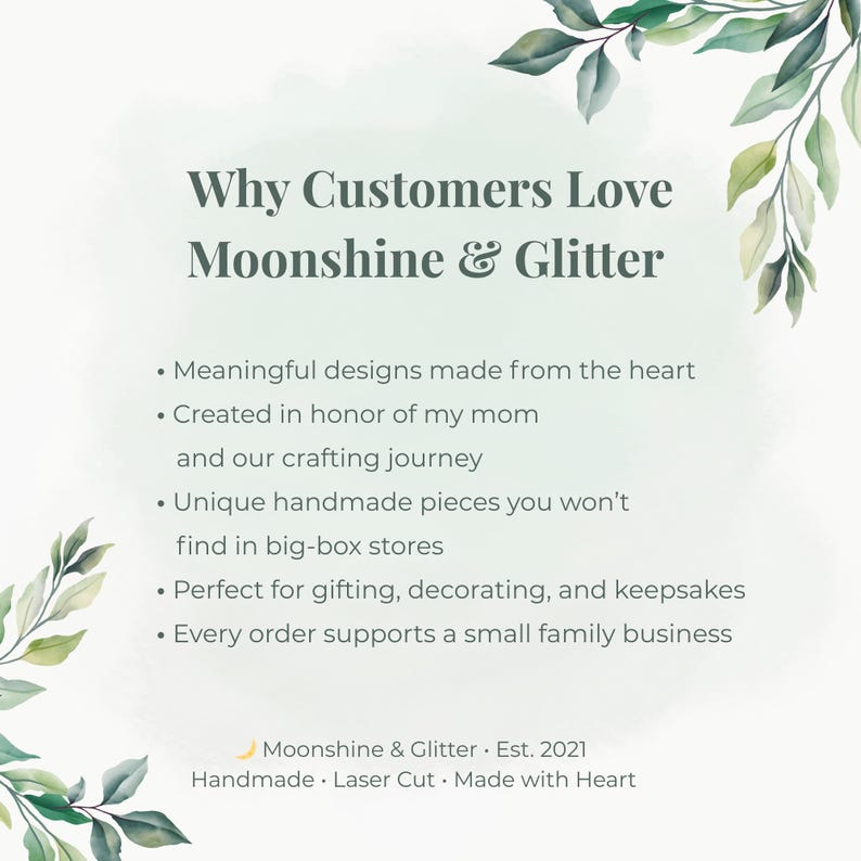 Text on a light green background with watercolor leaf accents reads "Why Customers Love Moonshine & Glitter" listing reasons like meaningful designs and unique handmade pieces.