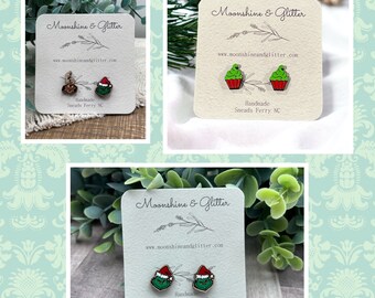 Handpainted Wood Stud Earrings with grinch green monsters Christmas Hypoallergenic, Lightweight
