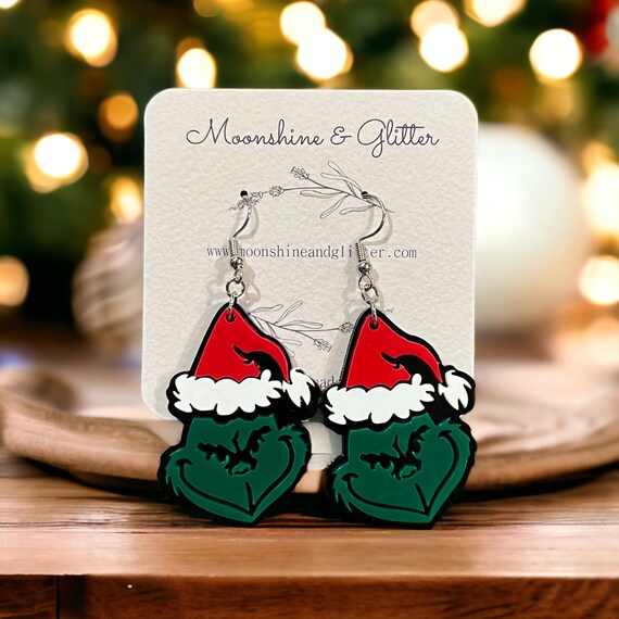 Boucles d'oreilles pendantes en acrylique superposées vertes Grinch, cadeau  de Noël, bonnet de Noel, hypoallergénique, léger, sans nickel