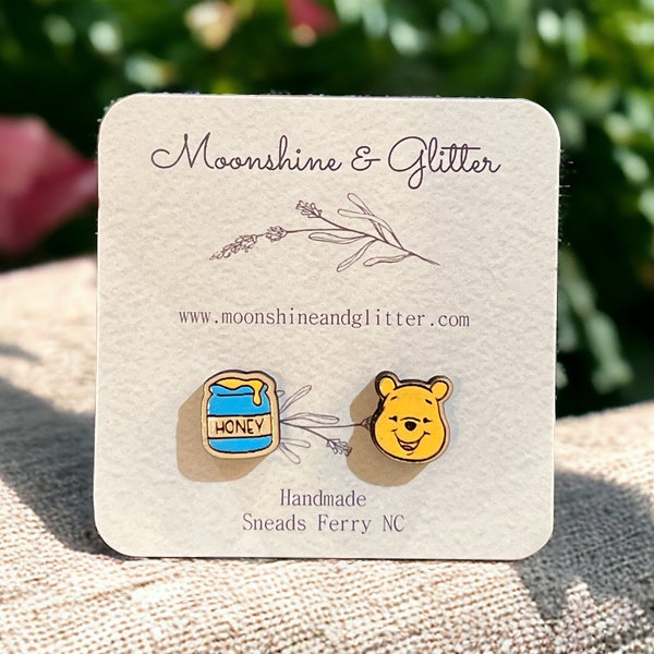 Hand-painted Winnie the Pooh Stud Earrings - Honey Pot Stainless Steel post hypoallergenic