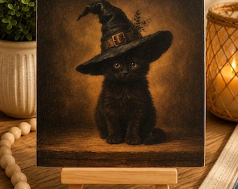 Halloween Wood Sign, Black Cat Decor with Easel, Witch Cat Shelf Sitter