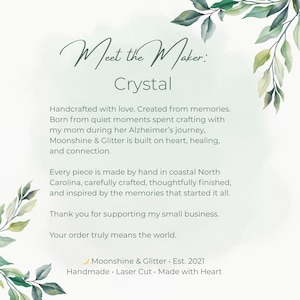 Text on a light green background with watercolor leaf accents reads "Meet the Maker: Crystal" and describes the maker's inspiration and craftsmanship.