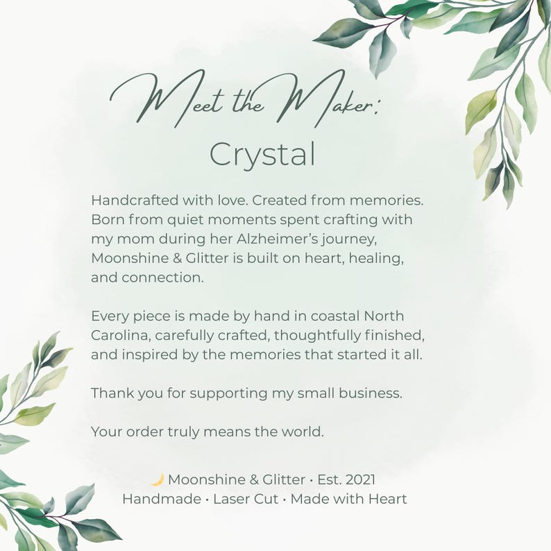 Text on a light green background with watercolor leaf accents reads "Meet the Maker: Crystal" and describes the maker's inspiration and craftsmanship.