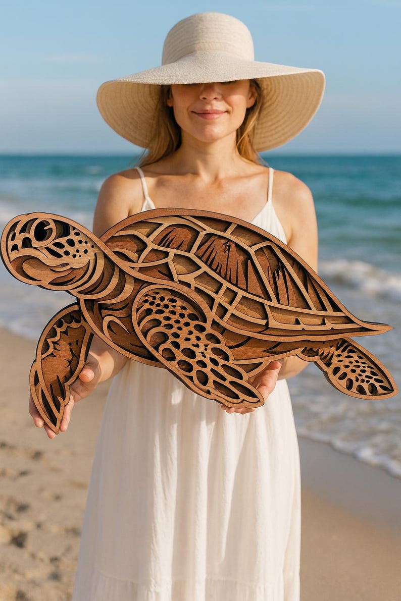 Marine Life Layered Wooden Sea Turtle Wall Art – Ocean Decor, Beach House, Handcrafted Seaside image 1