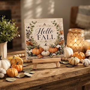 Hello Fall Mini Wood Sign, 4x4 Rustic Autumn Art with Easel