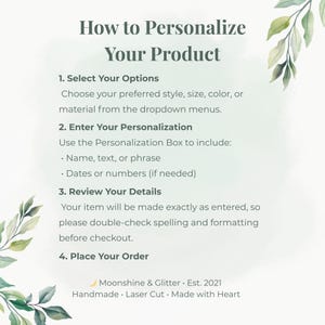 Text on a light green background with watercolor leaf accents reads "How to Personalize Your Product" with instructions for selecting options, entering personalization, and reviewing details.