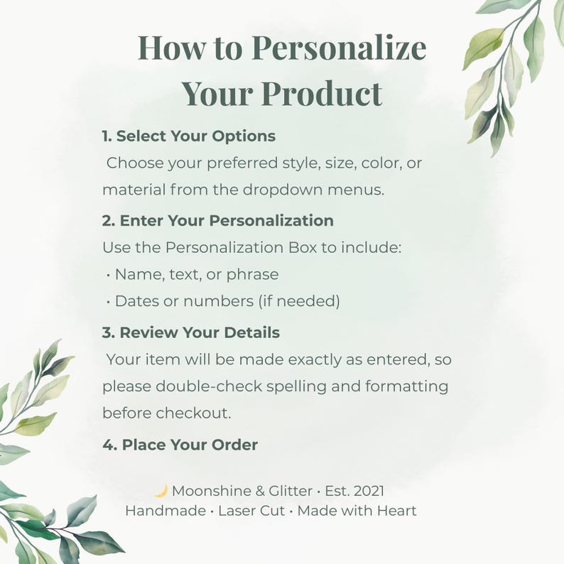 Text on a light green background with watercolor leaf accents reads "How to Personalize Your Product" with instructions for selecting options, entering personalization, and reviewing details.