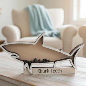 Shark Tooth Shadow Box | Beach Decor, Coastal Home Display, Collectible Teeth Organizer shown in an AI-generated listing photo