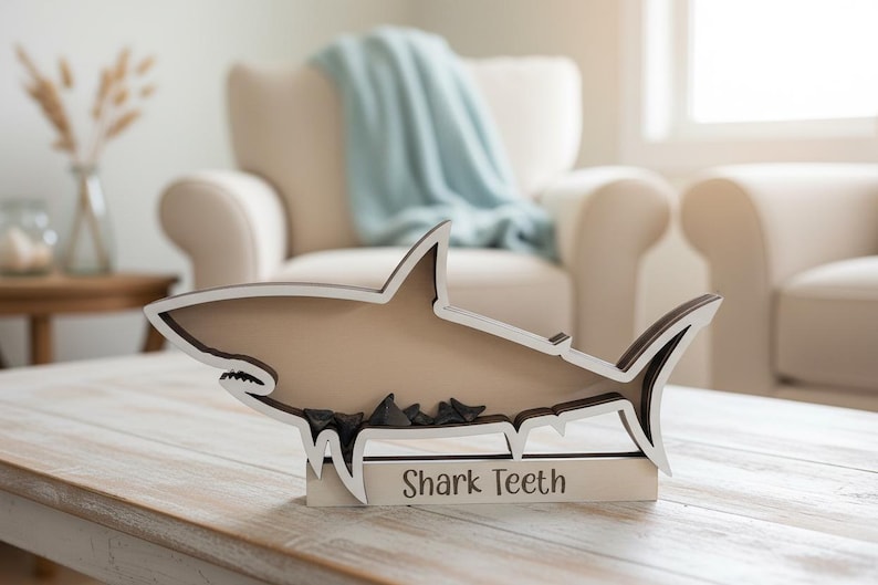 Shark Tooth Shadow Box | Beach Decor, Coastal Home Display, Collectible Teeth Organizer shown in an AI-generated listing photo