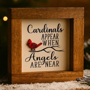 Mini cartello in legno commemorativo del cardinale: angeli vicini, ricordo, conforto per la perdita, ricordo spirituale