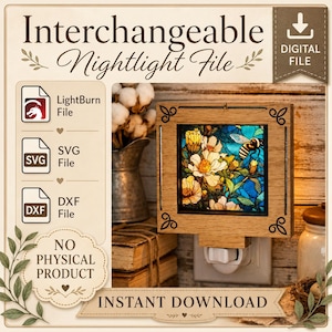 Puede incluir: Una lámpara de noche de madera con un diseño de vidriera que presenta una abeja y flores. La lámpara de noche está enchufada a una toma de corriente. La imagen incluye el texto "Interchangeable Nightlight File" y "Instant Download."