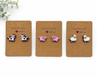 Hand Painted Farm Animal Stud Earrings, Maple Wood Cow Pig Sheep Jewelry