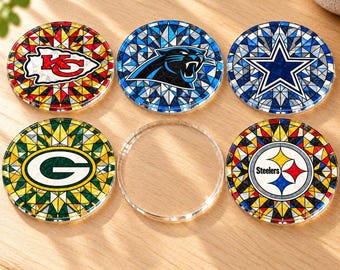 Football Coaster Set, Round Acrylic with Full Cork Backing, Set of Four