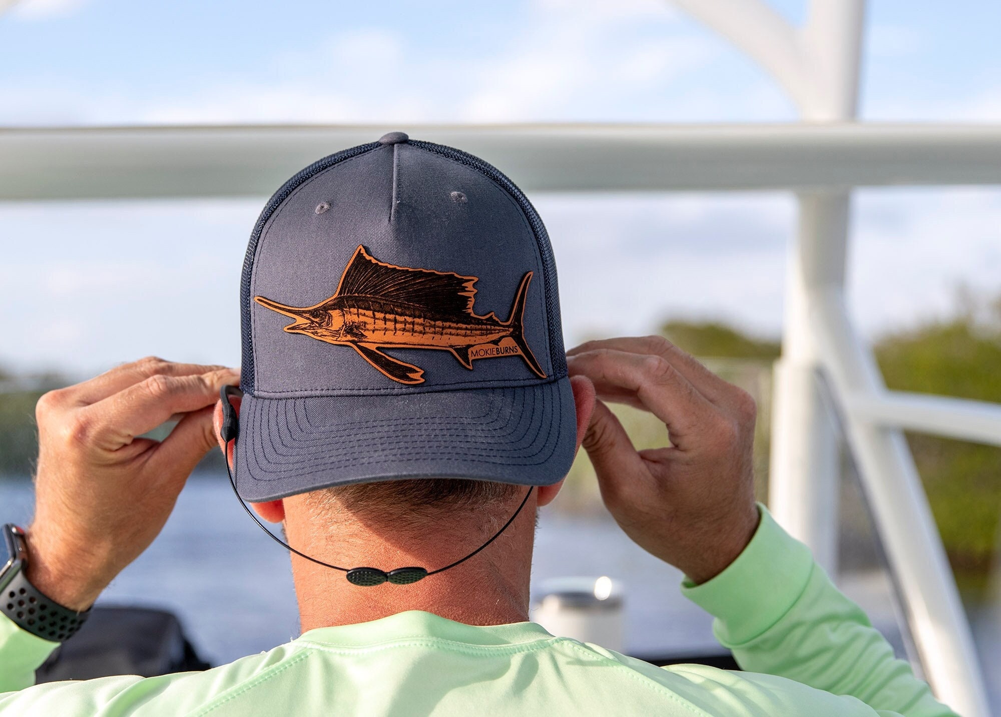 Sailfish Offshore Fishing Trucker Hat A Mokie Burns Genuine Leather Patch  Hat, Unique Pelagic Fishing Gift for Man, Fathers Day Gift Cap 