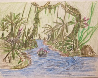 Original Colored Pencil Depiction of a Rainforest