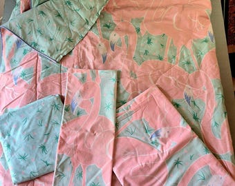 Vintage 80s Bright Coral Flamingo Comforter Set W/sheets Bibb Company, Twin Set