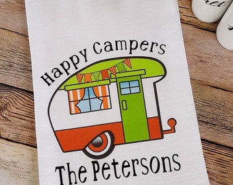 Happy Camper II Personalized Flour Sack Tea Towels, Vintage Camper Tea Towel Set, Personalized Vintage RV Camper Gift Tea Towels