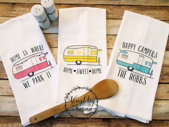 Happy Camper Personalized Flour Sack Tea Towels Vintage
