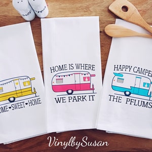 Happy Camper Personalized Flour Sack Tea Towels, Vintage Camper Tea Towels Set, Personalized Vintage RV Camper Gift Tea Towels