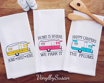 Happy Camper Personalized Flour Sack Tea Towels, Vintage Camper Tea Towels Set, Personalized Vintage RV Camper Gift Tea Towels