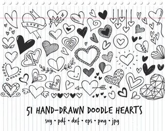 Big Set of 51 Hand-drawn Valentine Doodle Hearts | svg, pdf, eps, dxf, png, jpg | vector clipart doodles set /