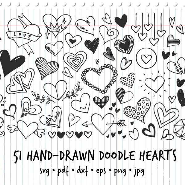 Big Set of 51 Hand-drawn Valentine Doodle Hearts | svg, pdf, eps, dxf, png, jpg | vector clipart doodles set /