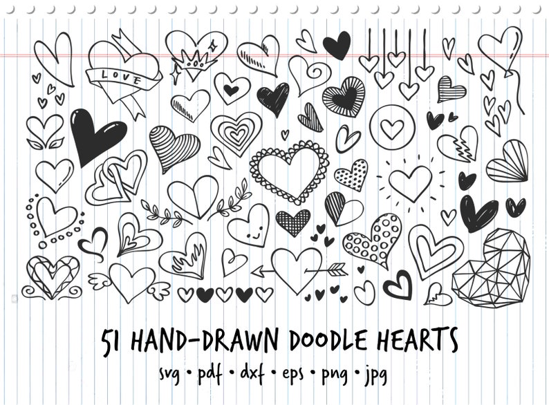 Big Set Of 51 Hand Drawn Valentine Doodle Hearts Svg Pdf Etsy