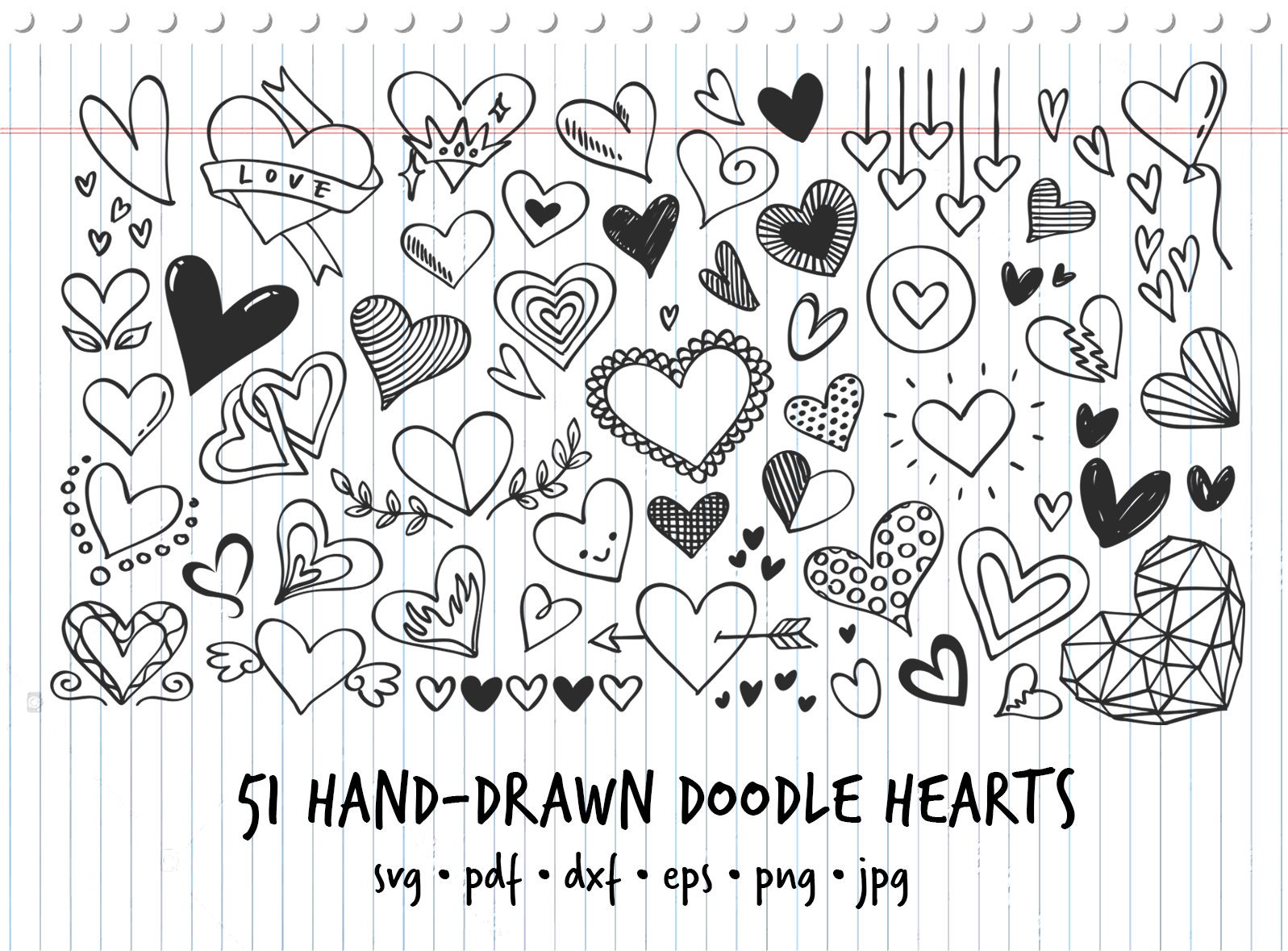 手描きのバレンタイン落書きハート 51 個の大きなセット | svg