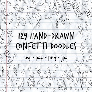 129 Paquete de garabatos de garabatos de clip de confeti vectorial dibujado a mano • SVG, PDF, PNG, JPG • Clip Art dibujado a mano / conjunto de imágenes prediseñadas dibujadas a mano