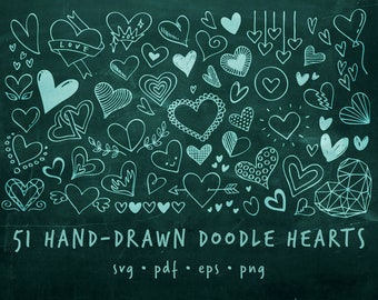 Big Set of Hand-drawn White Chalkboard Doodle Hearts | svg, pdf, eps, dxf, png, jpg | vector clipart doodles set