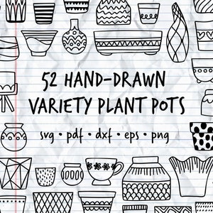52 handgezeichnete Sorte Pflanze Töpfe (gemustert) für Blume, Saft, Kakteen, etc | svg, pdf, eps, dxf, png | Vektor Clipart Doodles