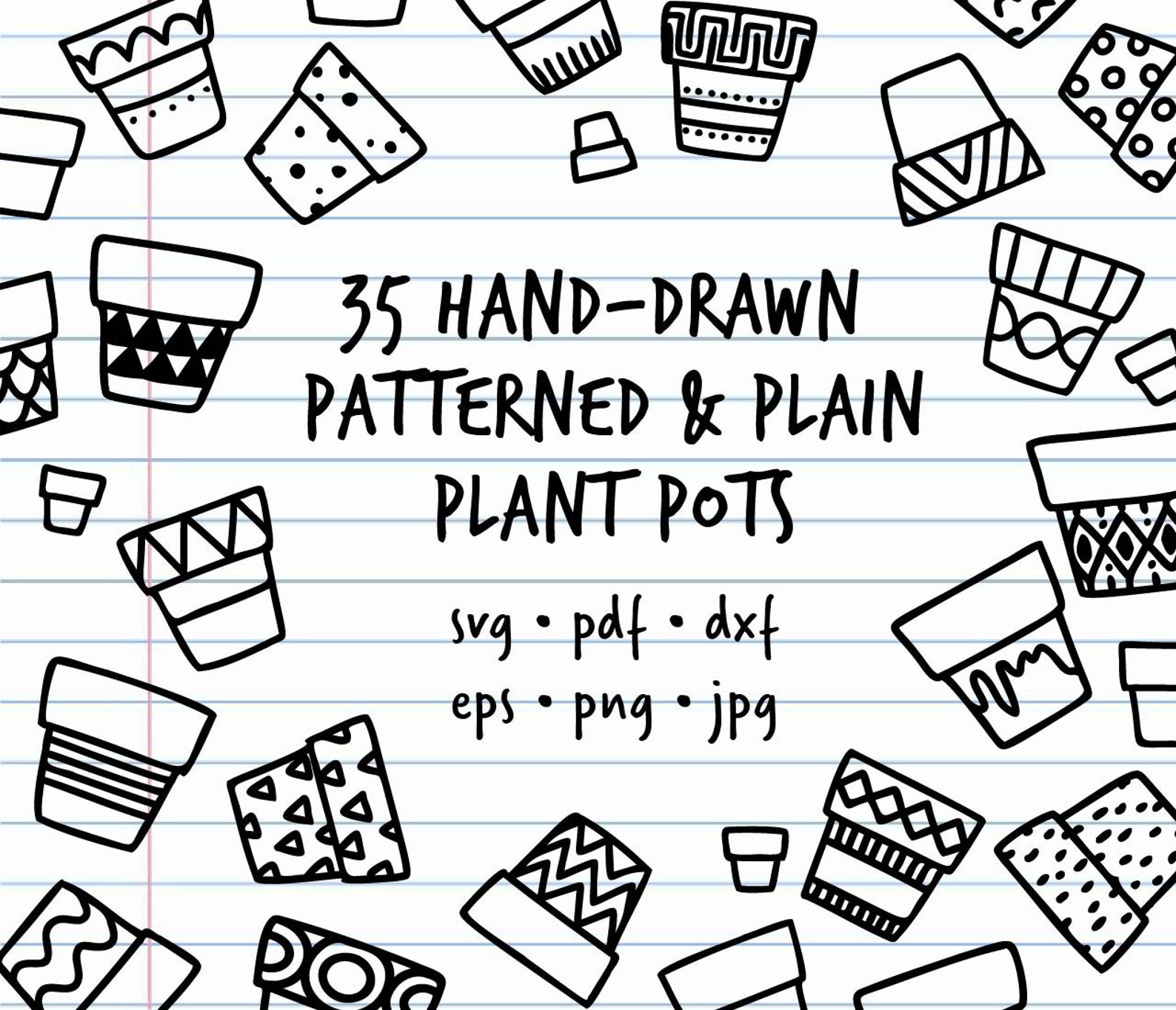35 Handdrawn Vector Doodle Plant Pots patterned & Plain for Etsy