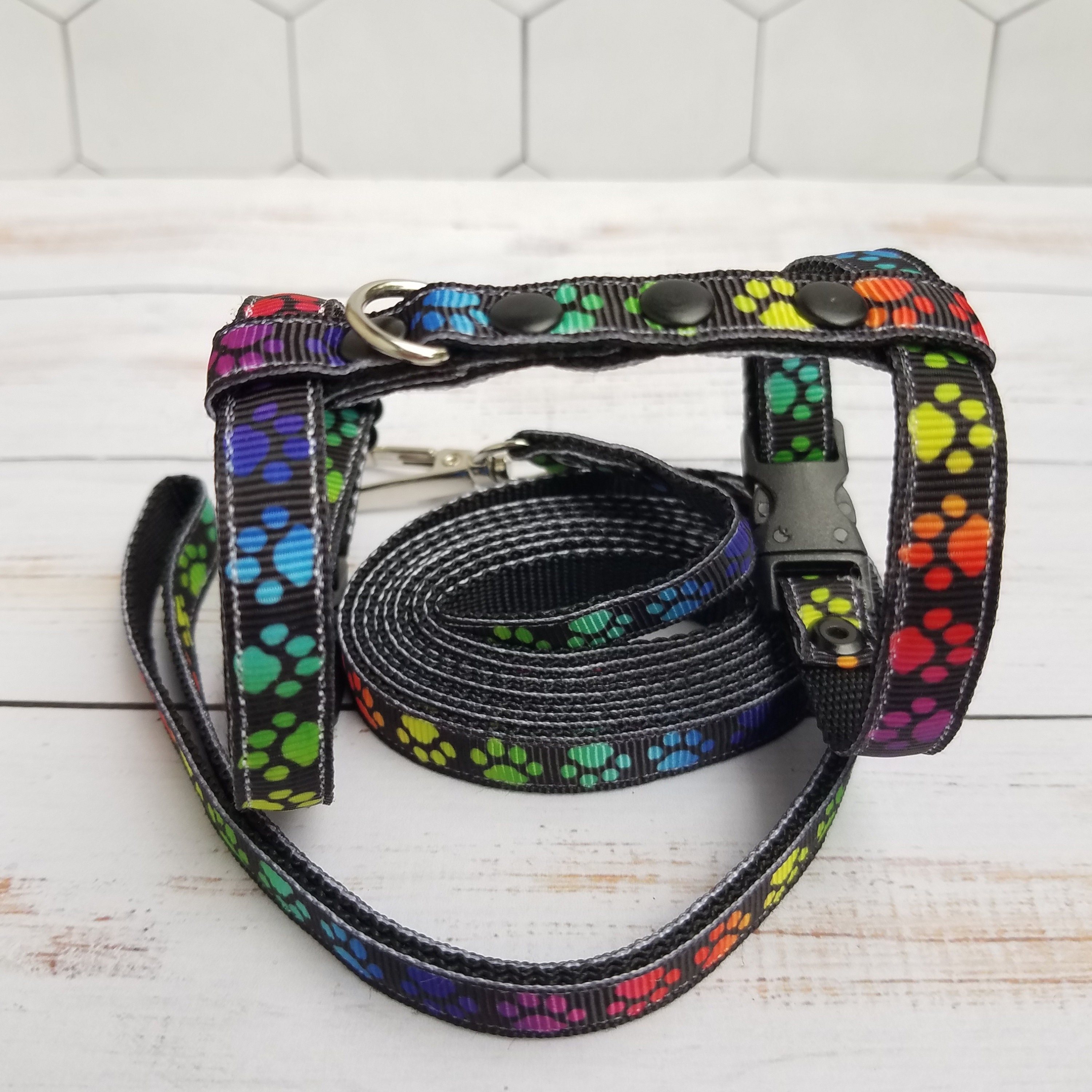 Ferret harness and leash set. Black with paws. Etsy