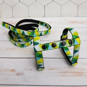 May include: A green, yellow, and white patterned dog harness with a matching leash. The harness has black snap buttons and a silver D-ring.