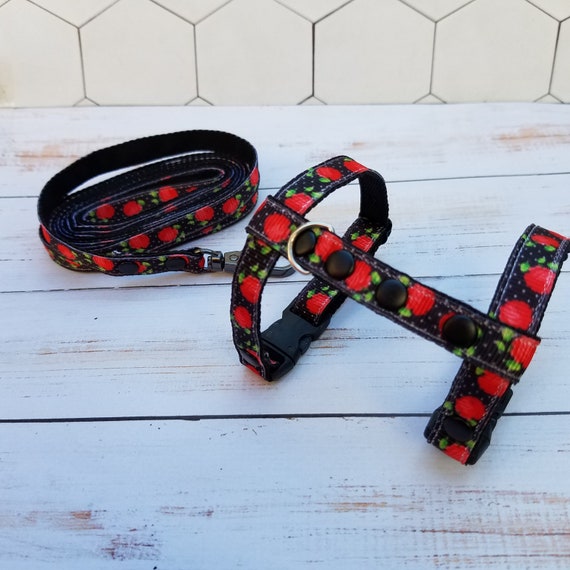 kitten or rabbit's Adjustable  harness for ferret Black harness with red apple print. Ferret harness and leash set