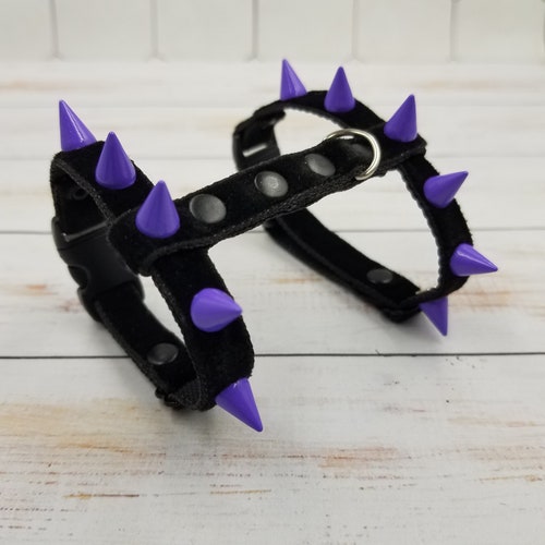 Velvet black harness with violet spikes. Ferret adjustable harness. Brutal harness for ferret.