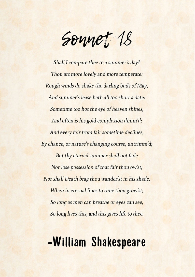 18 Poem By William Shakespeare Printable Poetry Wall Etsy