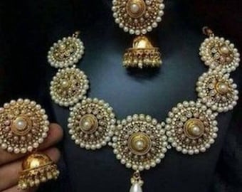 Gold-plated Stone Pearl Necklace, Wedding Jewelry, Indian Traditional, Ethnic Bollywood fashion jewelry Gift For Her