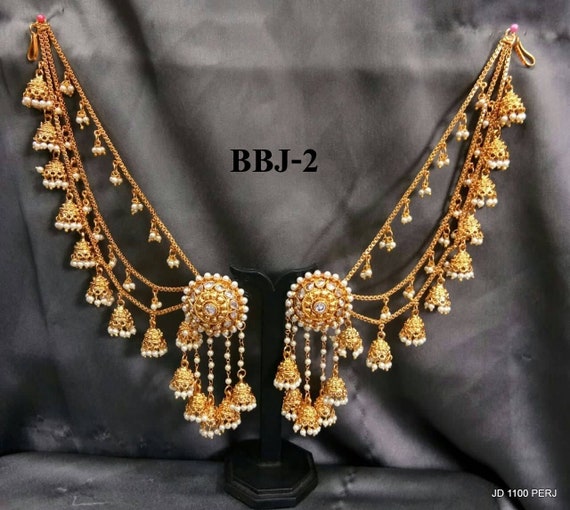 22K Gold Plated Indian Long Chain Extension Bahubali Earrings Jhumka Set