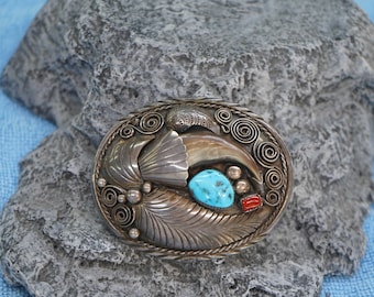 Vintage Toadlena IHMSS Sterling Silver Turquoise Coral Belt Buckle