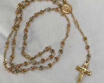 14K Real Solid Tri Tone Gold Virgin Mary Beads Rosary Necklace Rosario
