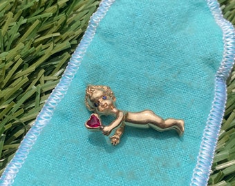 Golden Elegance Vintage William Ruser 14k Yellow Gold Cupid Holding Red Heart Blue Eyes