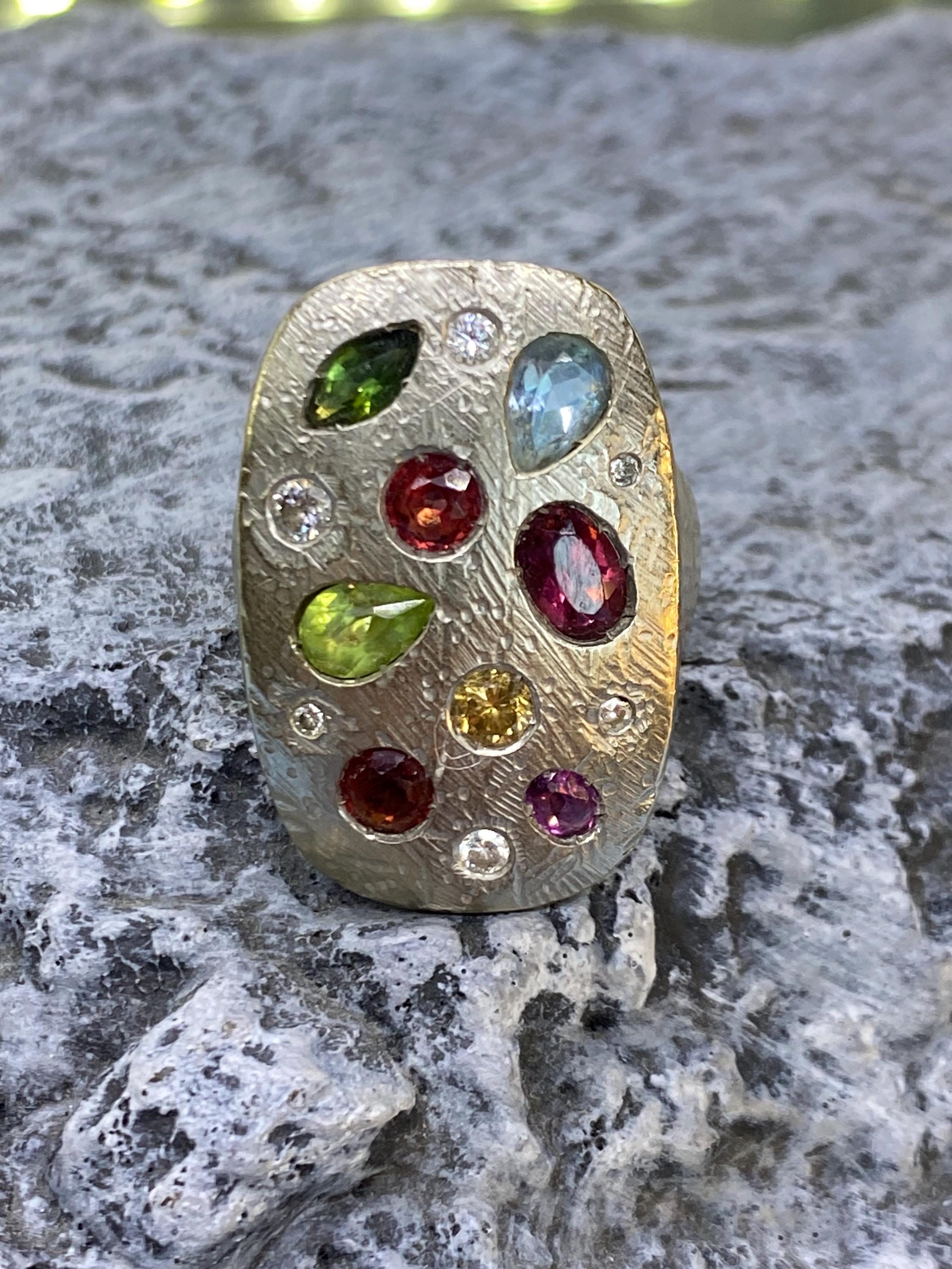 Vintage 14kt White Gold Paint Pallette Style Multi Gemstone Ring Sz 7
