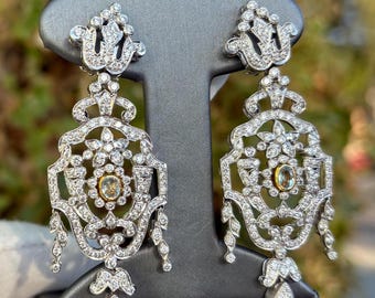 14k White Gold Art Deco Victorian Style Diamond Dangling Earrings W/ Citrine Center Stone